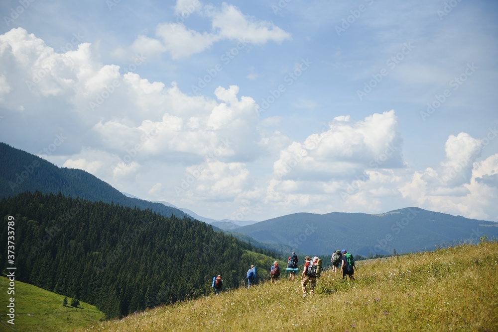 Group of hikers walking on mountain