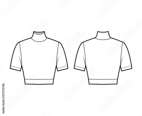 Cropped turtleneck jersey sweater technical fashion illustration with short sleeves, close-fitting shape. Flat outwear jumper apparel template front back white color. Women men unisex shirt top mockup