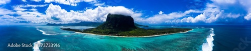 Aerial view, Le Morne mountain, with luxury resorts, Mauritius, Africa