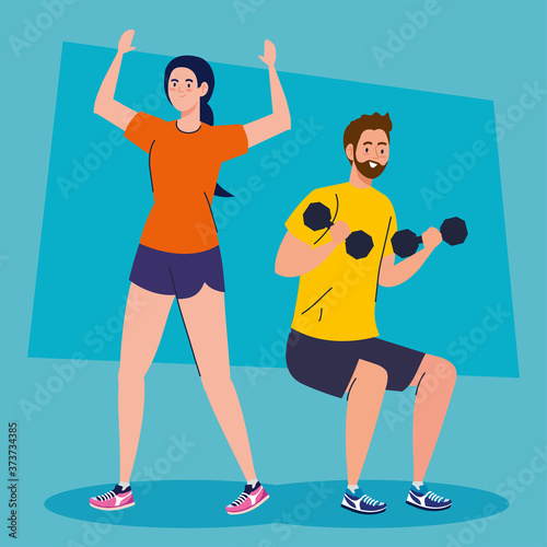 couple doing exercises, sport recreation concept vector illustration design