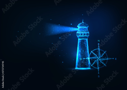 Futuristic sea adventure concept with glowing low polygonal lighting house and compass rose