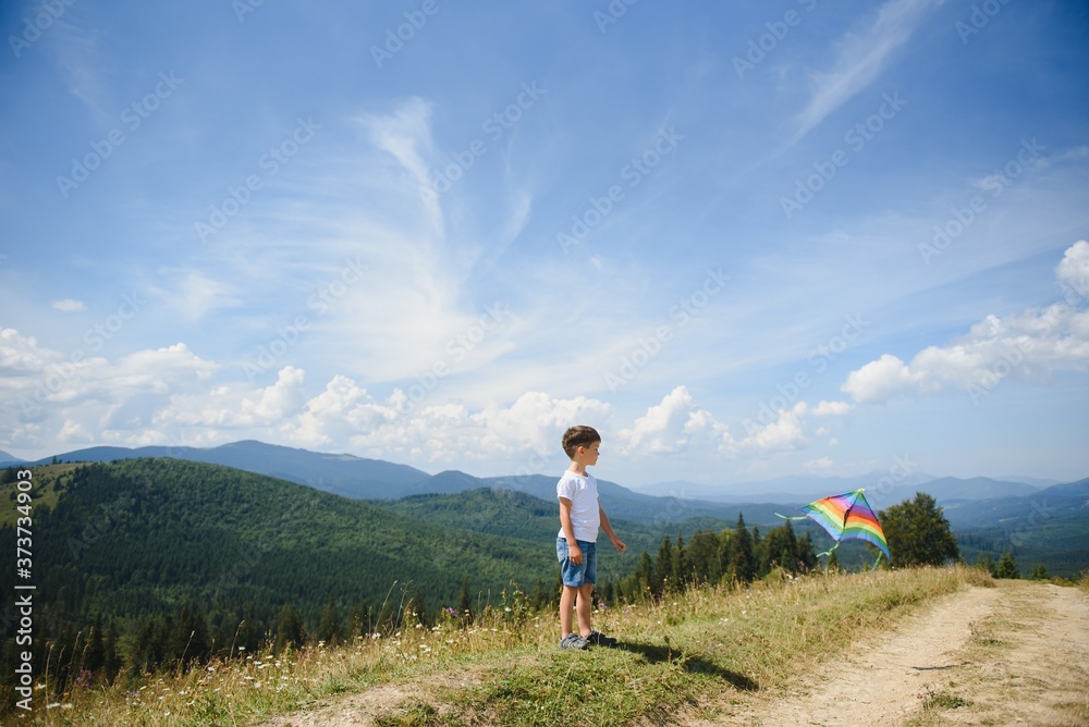 Young boy flies his kite in an open field. a pictorial analogy for aspirations and aiming high