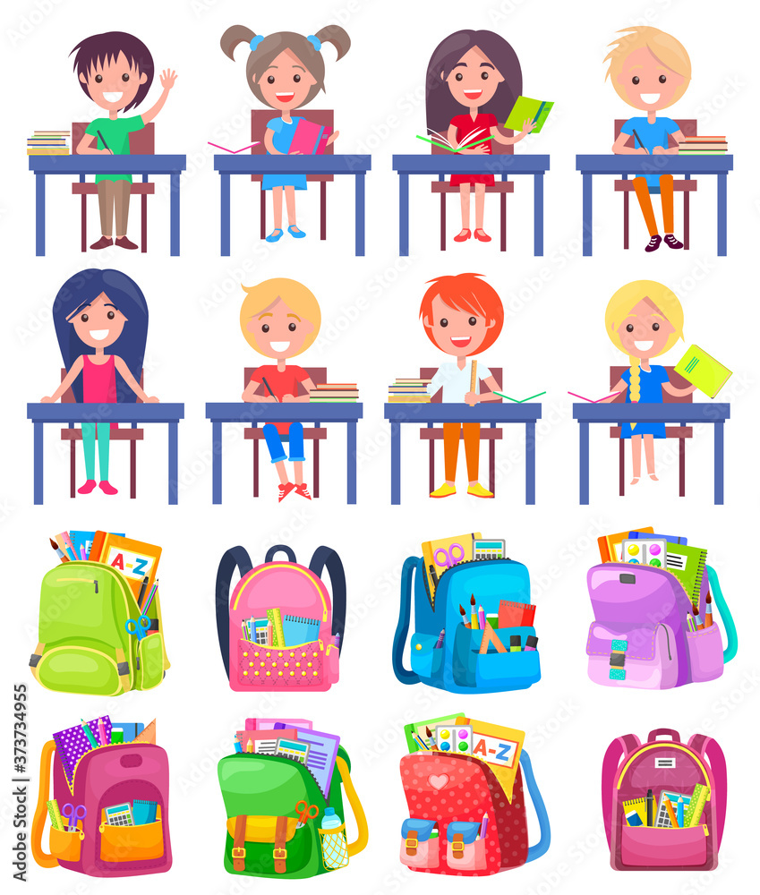 Fotografie Smiling classmates sitting at desktop with notebook, backpack sticker on white
