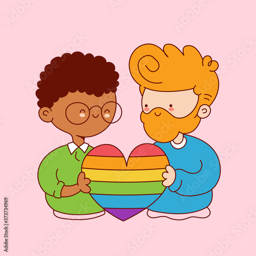 Cute funny young gay couple hold rainbow heart