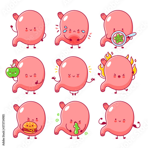 Cute healthy and sad unhealthy funny stomach organ