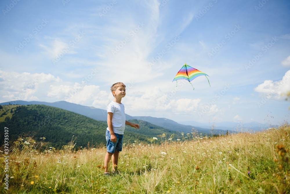 Little boy running on a background of mountains with kite. Sunny summer day. Happy childhood concept.