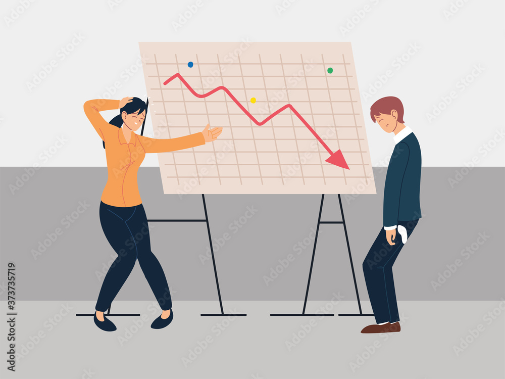 people at presentation of decreasing chart, financial crisis or economic problems people at presentation of decreasing chart, financial crisis or economic problems