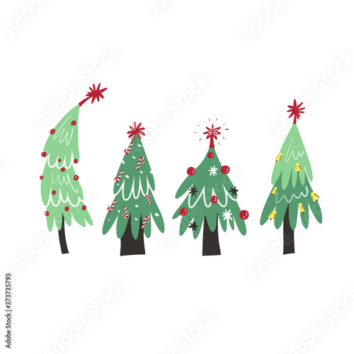 Cute set of 4 various shapes Christmas tree with decoration balls and stars, bells, candy canes. Hand drawn illustration