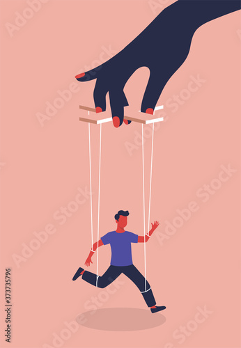 Puppeteer Hand Controlling Puppet. A woman manipulates and abuses a man. Manipulation female hand. Unhealthy toxic relationships where a woman manipulates a man. Modern flat vector illustration.