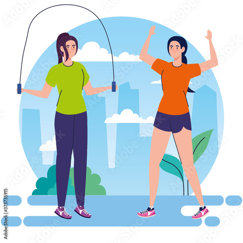 women practicing exercise outdoor, sport recreation concept vector illustration design