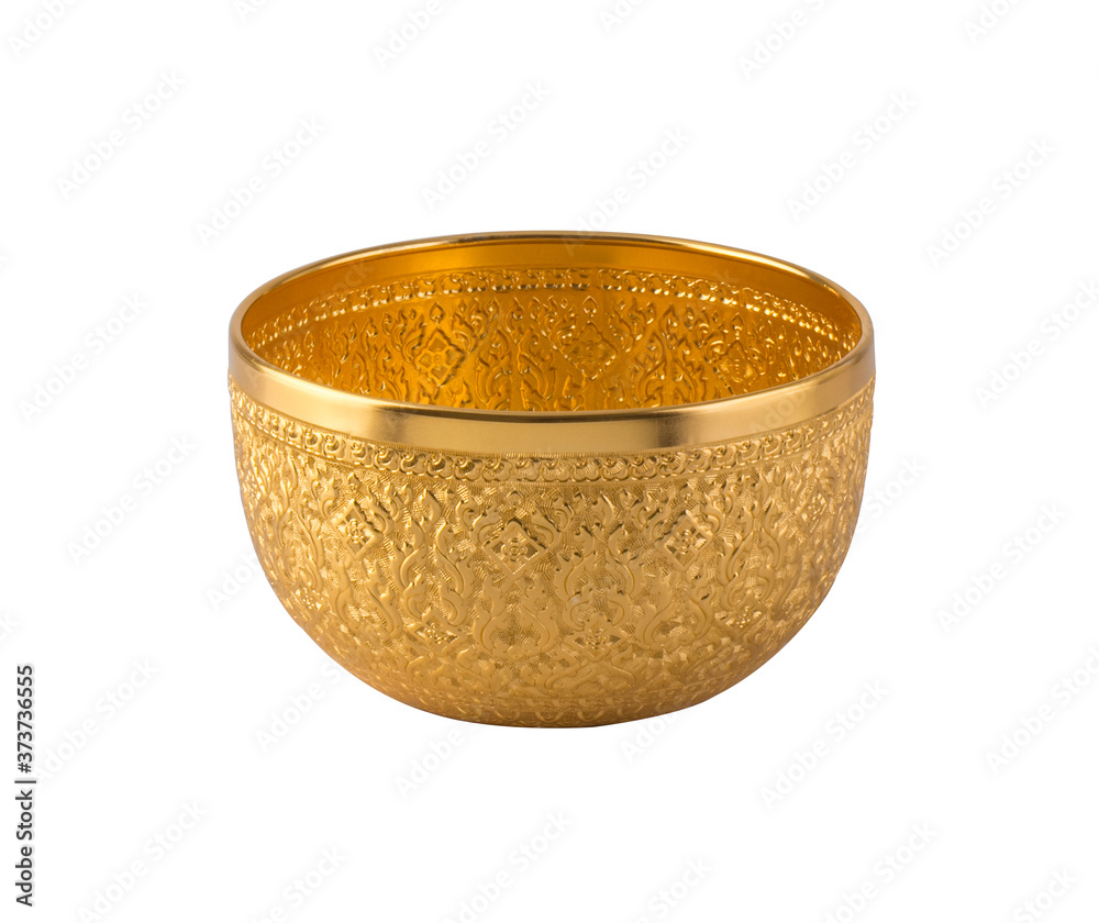 Golden color water bowl in Thai style isolated on white background Golden color water bowl in Thai style isolated on white background