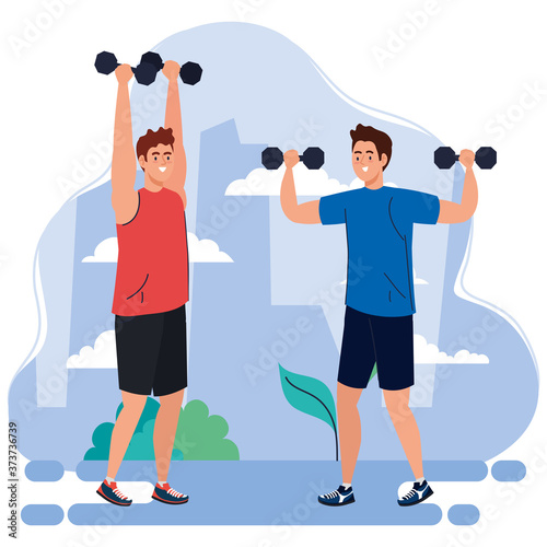 men doing exercises with dumbbells outdoor, sport recreation concept vector illustration design