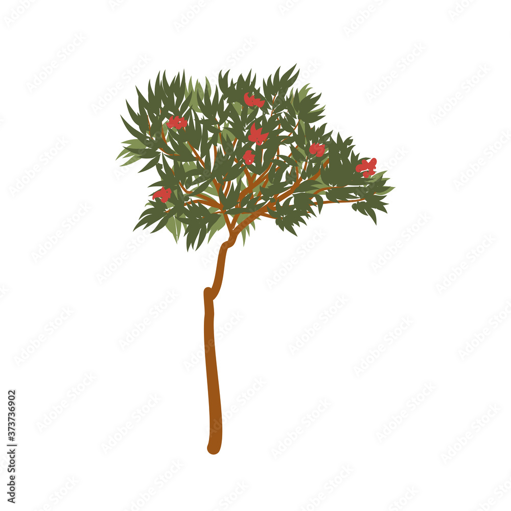 The tree with green leaves and red flowers flat illustration