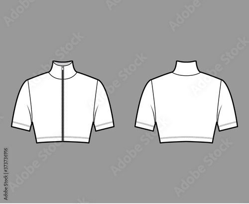 Zip-up cropped turtleneck jersey sweater technical fashion illustration with short sleeves, close-fitting shape. Flat outwear jumper apparel template front back white color. Women men unisex shirt top
