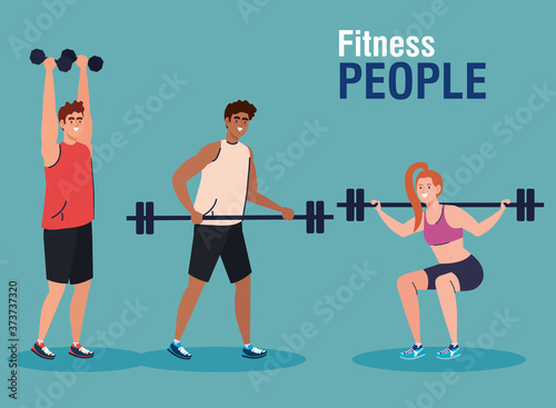 fitness people, group of young people practicing exercise with dumbbells and weight bar vector illustration design