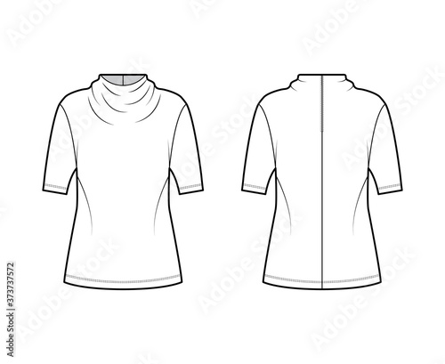 Top technical fashion illustration with elegant draped neckline, short sleeves, oversized, back button-fastening keyhole. Flat blouse apparel template front, back, white color. Women men unisex shirt