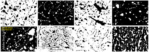 Grunge stains backgrounds set. Ink splatter. Paint splashes backdrops collection. Liquid stains. Soap foam. Paint brush strokes and drops. Abstract vector illustration.
