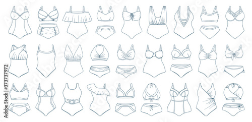 Swimming suits set. Doodle bikini collection. Plus size and curvey ladies swimsuits. Modern and classic style swimwear sketches. Swimwear fashion for all body types.