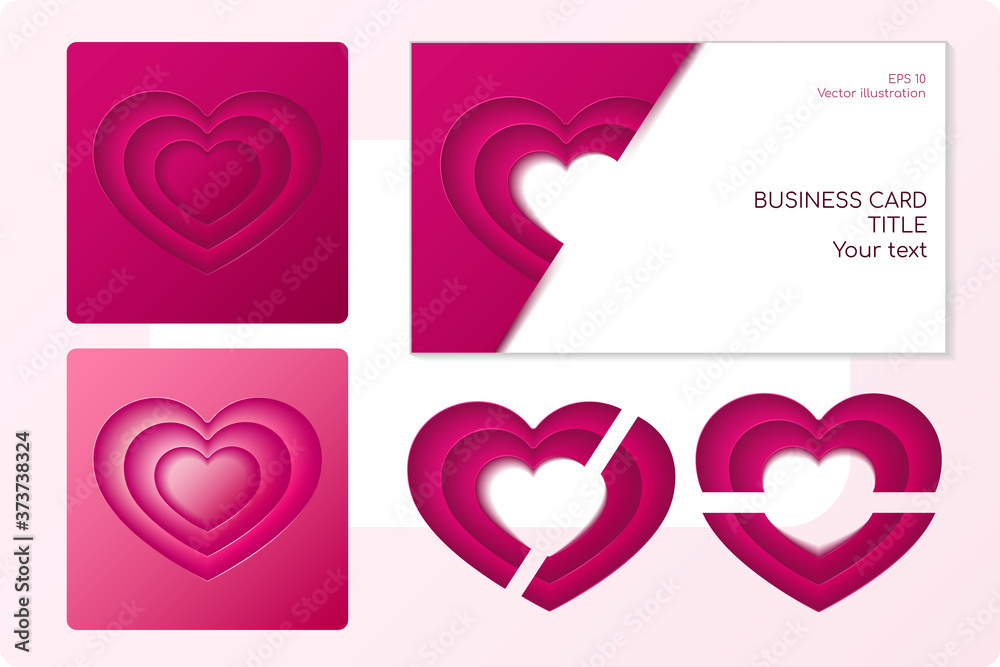Set of templates and business card with hearts, compound hearts in papercut layered style. Vector elements isolated.