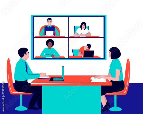 Solution of current issues of the company via video communication. Corporate video communication, remote discussion. Flat vector illustration.