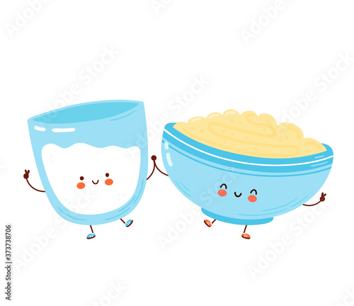Cute happy bowl of oatmeal porridge and milk glass
