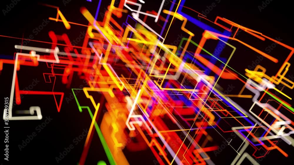 Motion graphics, sci fi bg with stream of multicolor neon glow lines ...