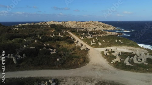 Galicia. Stone Cemetery Cabo De Moras Lugo, Spain. Aerial Drone Footage photo