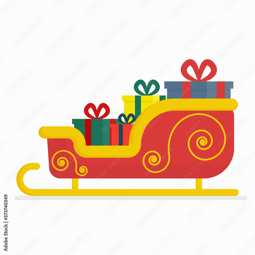 Flat vector illustration: santa claus sleigh with gifts.