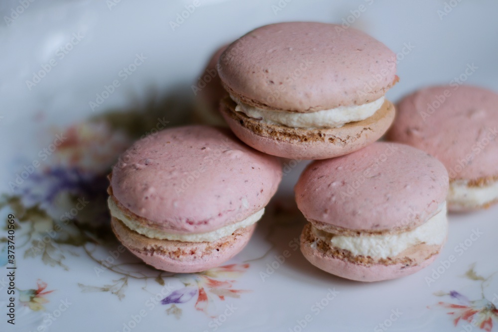 Delicious Homemade Strawberry Macaroon Served On The Romantic Plate