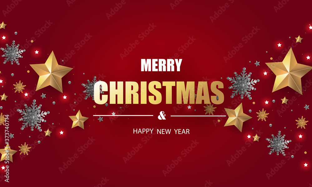 Merry Christmas and Happy New Year. Christmas greeting card red background with gold stars and silver snowflakes, gold snowflakes. 