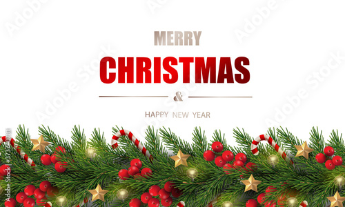 Merry Christmas and Happy New Year. Christmas tree branches with berries, gold stars, candy canes and decorated in white background.	
