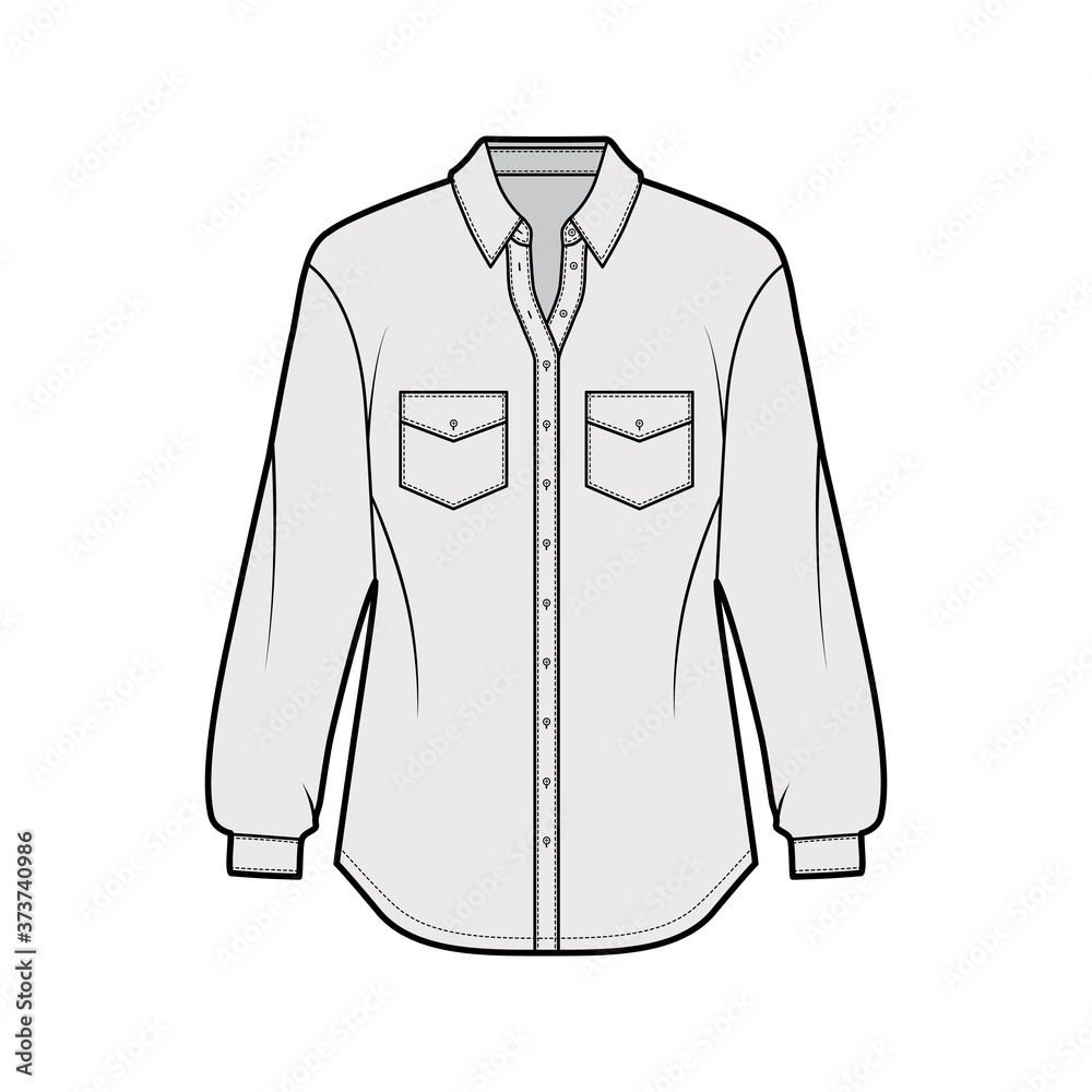 Classic shirt technical fashion illustration with angled pockets, long sleeves, relax fit, front button-fastening, regular collar. Flat apparel template front, grey color. Women men unisex top CAD Classic shirt technical fashion illustration with angled pockets, long sleeves, relax fit, front button-fastening, regular collar. Flat apparel template front, grey color. Women men unisex top CAD