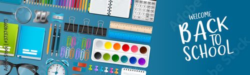 Blue school board banner background with colorful bright education 3d realistic supplies. Design for advertisement, magazine, book, website header. Vector illustration.