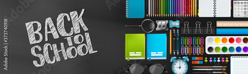 Back to school banner. Blackboard background with realistic 3d supplies for study. Vector illustration.