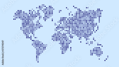 World map pixel design on blue background , Vector image . 