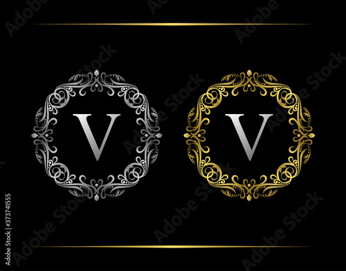 Graceful Badge V Letter Logo. Luxury emblem with beautiful classy floral ornament. Vintage Frame design Vector illustration.