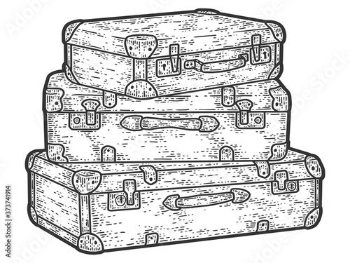Retro travel suitcases stacked on top of each other. Sketch scratch board imitation.