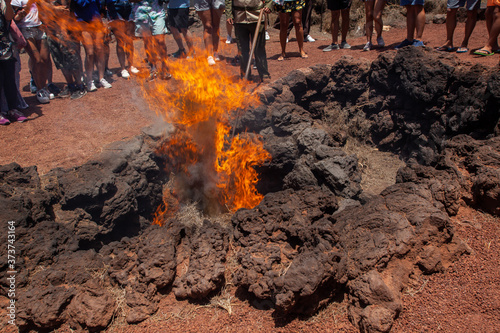 demonstration of fire created by volcano in Timanfaya, Lanzarote