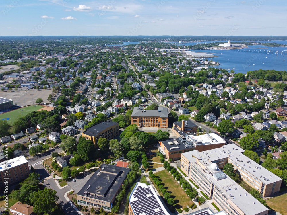 Aerial view of Salem State University campus and Edward Sullivan Building in city of Salem, Massachusetts MA, USA. 