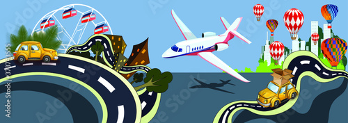 Vector conceptual image of a tape consisting of many interconnected objects, such as air and land transport, urban buildings and roads. EPS