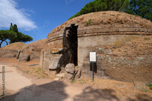 Cervetery Necropoli, the entrance to an ancient Etruscan tomb, Etruscan necropolis, Cerveteri Rome Province, Italy.Ancient Etruscan city, The necropolis of Banditaccia located on a tuffaceous hill.