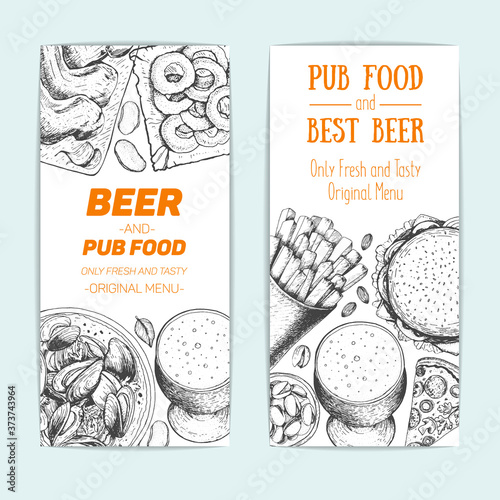 Banner set for beer pub or beer restaurant. Vector illustration in sketch style. Hand drawn vertical flyers. Engraved style image