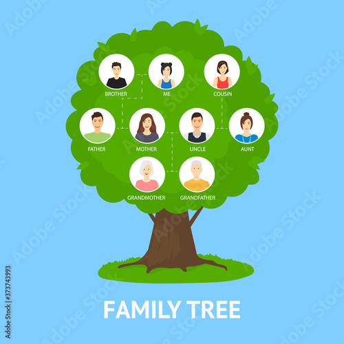 Cartoon Family Tree Infographics Concept Card Poster. Vector