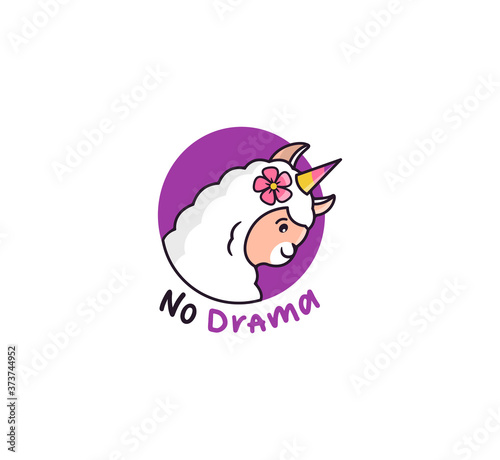 The logo llama no drama. Funny unicorn in the circle on white background