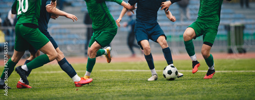 Footballers in action on the tournament game. Soccer football players competing for ball and kick ball during match in the stadium. Adult football competition