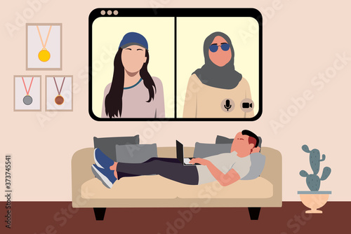 Boy lay down on sofa while doing virtual hangout during pandemic outbreak. Online hangout virtual meeting. Video chat physical distancing. New normal daily routines. Flat vector illustration.