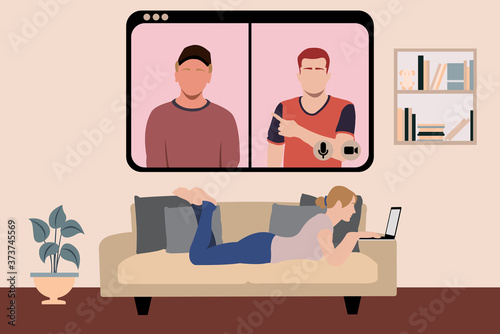 Girl lay down on sofa while doing virtual hangout during pandemic outbreak. Online hangout virtual meeting. Video chat physical distancing. New normal daily routines. Flat vector illustration.