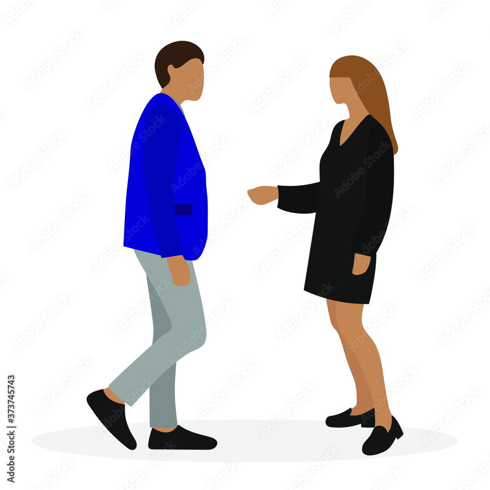 Male character and female character are standing and talking on a white background