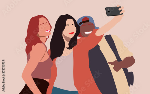 Group of female and male taking selfie together using smartphone camera. Friendship selfie. Girls and boy selfie. Group selfie. Wefie. Flat cartoon vector illustration
