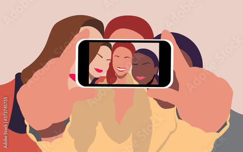 Group of female taking selfie together using smartphone camera. Friendship selfie. Girls selfie. Group selfie. Wefie. Flat cartoon vector illustration